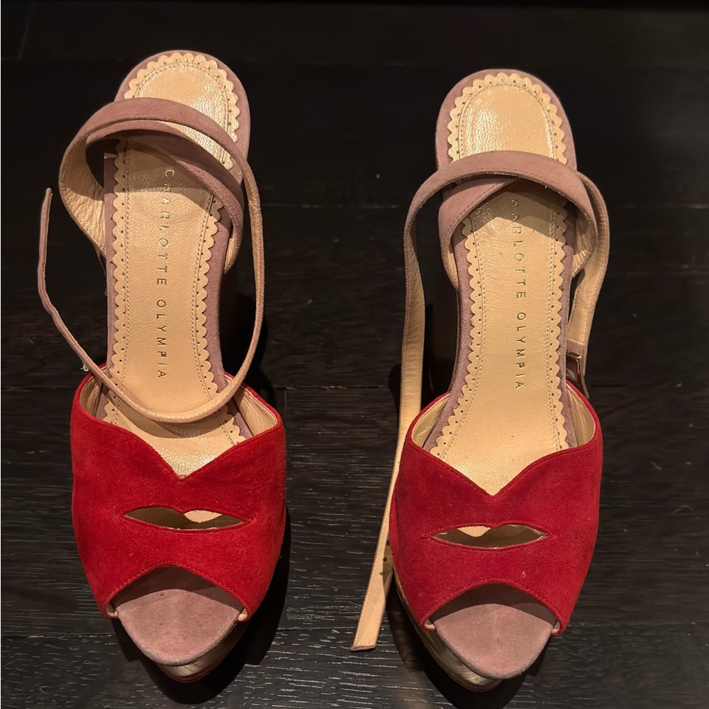 Charlotte Olympia Red and  Tan suede with gold platform wedge Heels